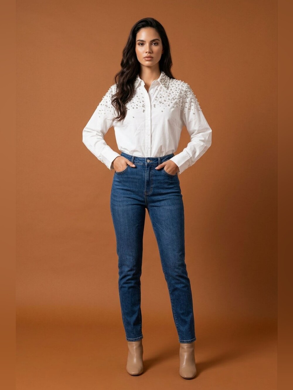 NWT White Embellished Button-Up Shirt